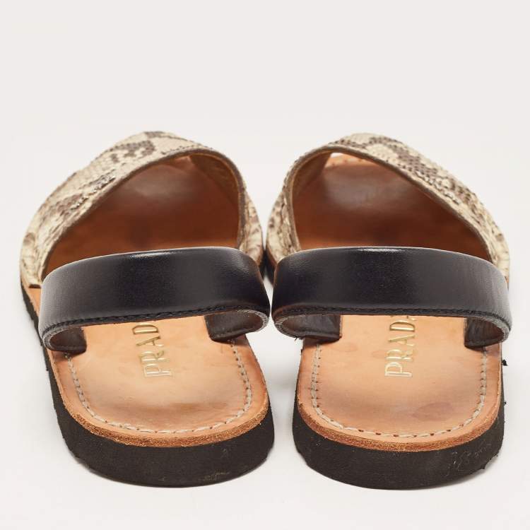 Pre Owned .Prada Beige/Black Python and Leather Flat Slingback Sandals Size 37