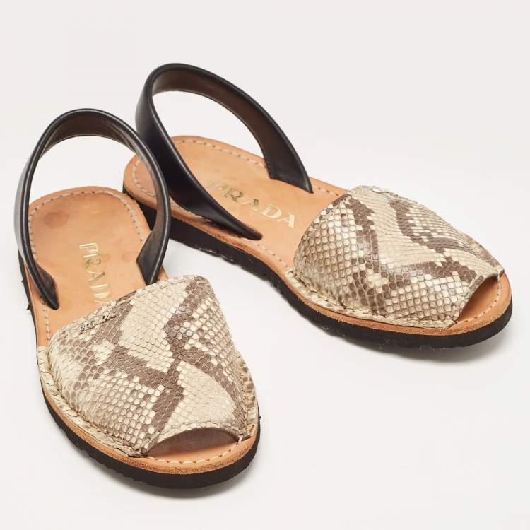 Pre Owned .Prada Beige/Black Python and Leather Flat Slingback Sandals Size 37