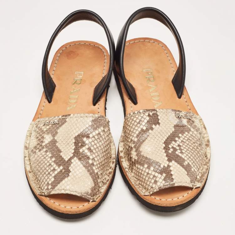 Pre Owned .Prada Beige/Black Python and Leather Flat Slingback Sandals Size 37