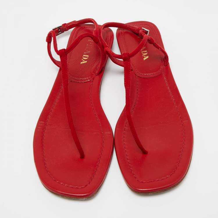 Pre Owned Prada Red Suede Thong Flat Sandals Size 39.5