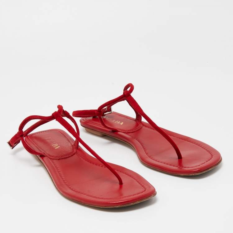 Pre Owned Prada Red Suede Thong Flat Sandals Size 39.5