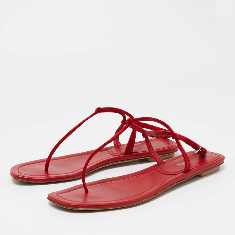 Pre Owned Prada Red Suede Thong Flat Sandals Size 39.5
