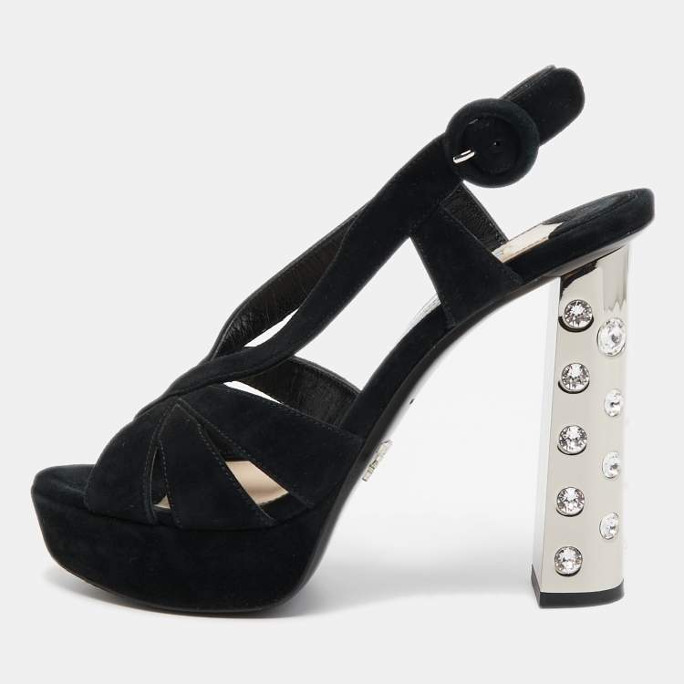 Prada Black Suede Crystal Embellished Heel Platform Slingback Sandals Size  37 Prada | The Luxury Closet