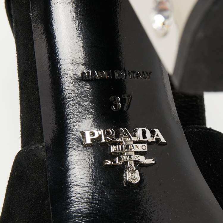 Pre Owned Prada Black Suede Crystal Embellished Heel Platform Slingback Sandals Size 37