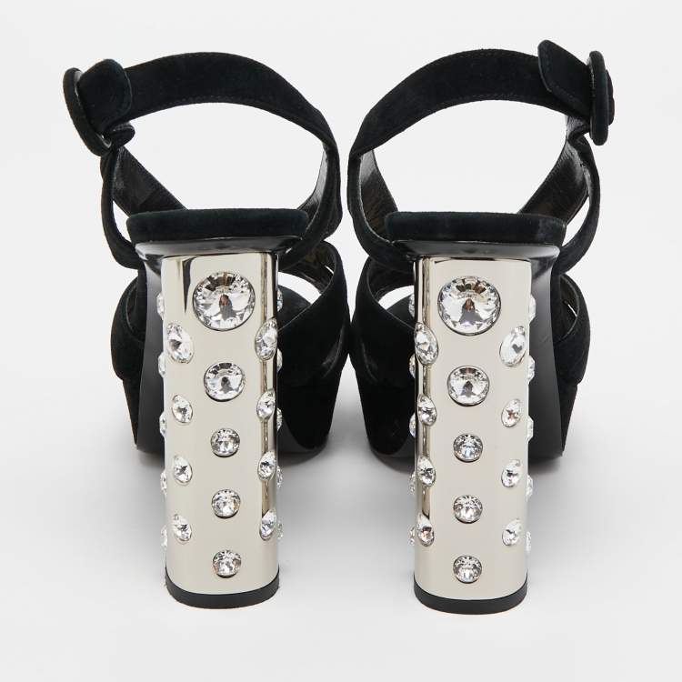 Pre Owned Prada Black Suede Crystal Embellished Heel Platform Slingback Sandals Size 37
