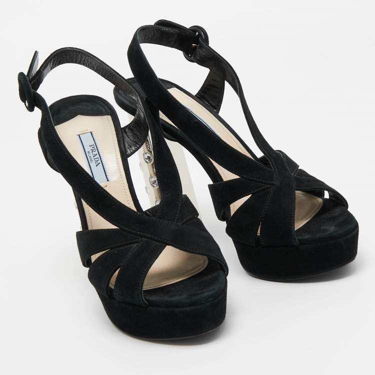 Pre Owned Prada Black Suede Crystal Embellished Heel Platform Slingback Sandals Size 37