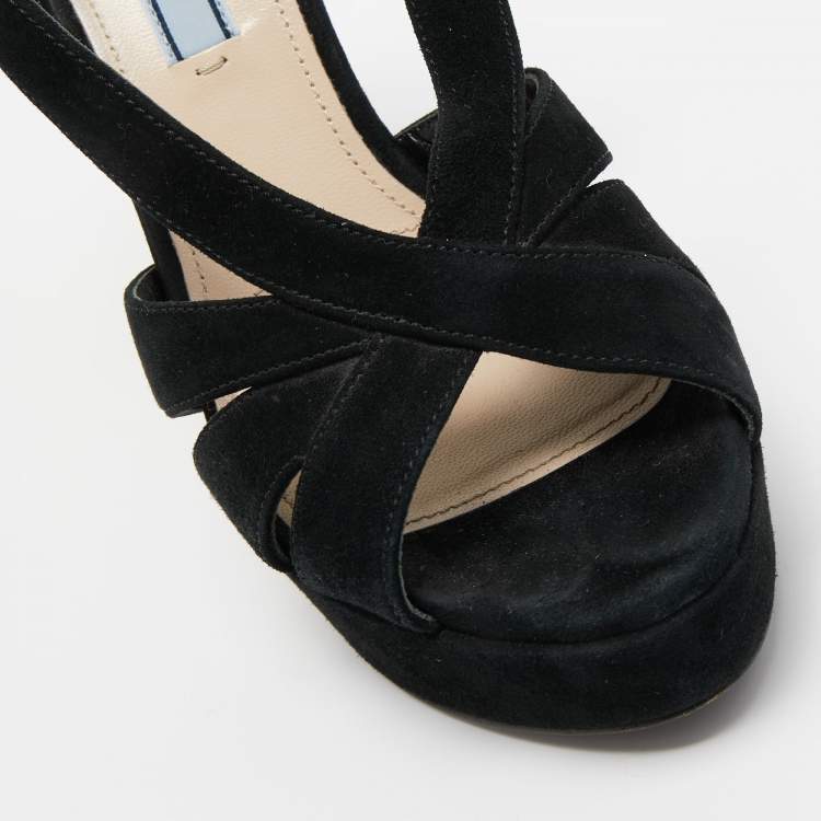 Pre Owned Prada Black Suede Crystal Embellished Heel Platform Slingback Sandals Size 37