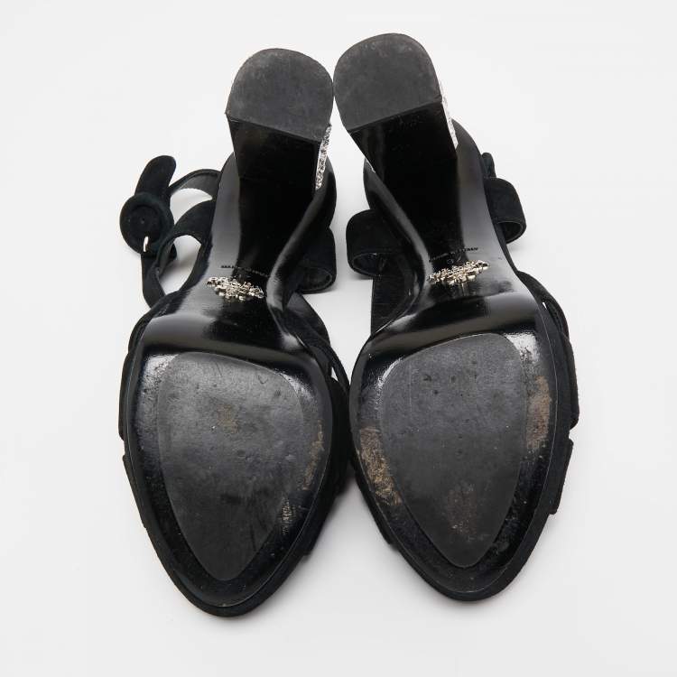 Pre Owned Prada Black Suede Crystal Embellished Heel Platform Slingback Sandals Size 37