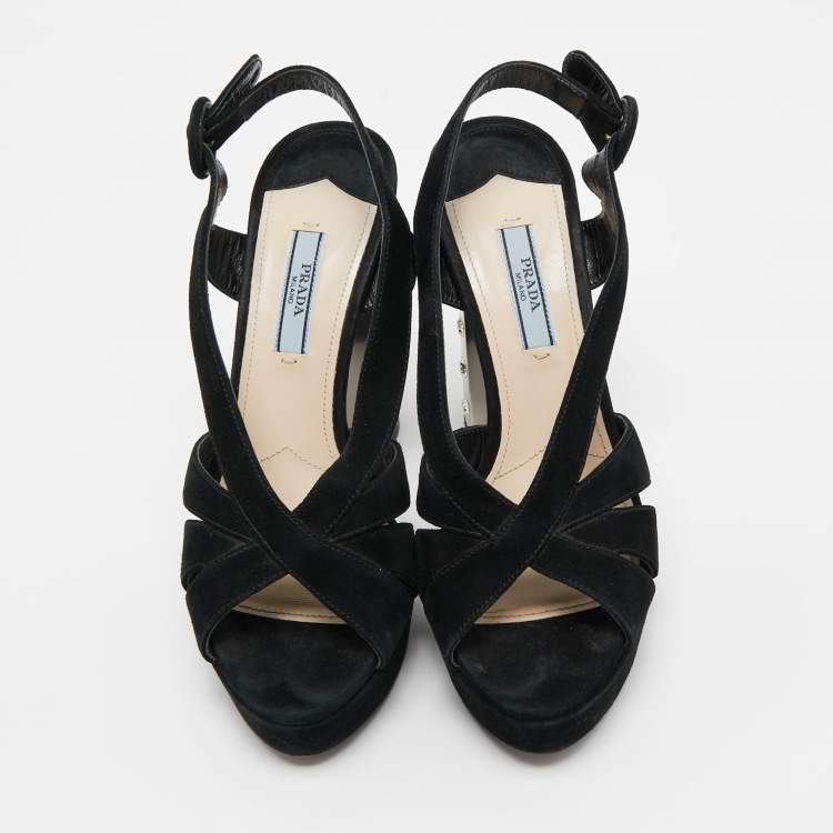 Pre Owned Prada Black Suede Crystal Embellished Heel Platform Slingback Sandals Size 37