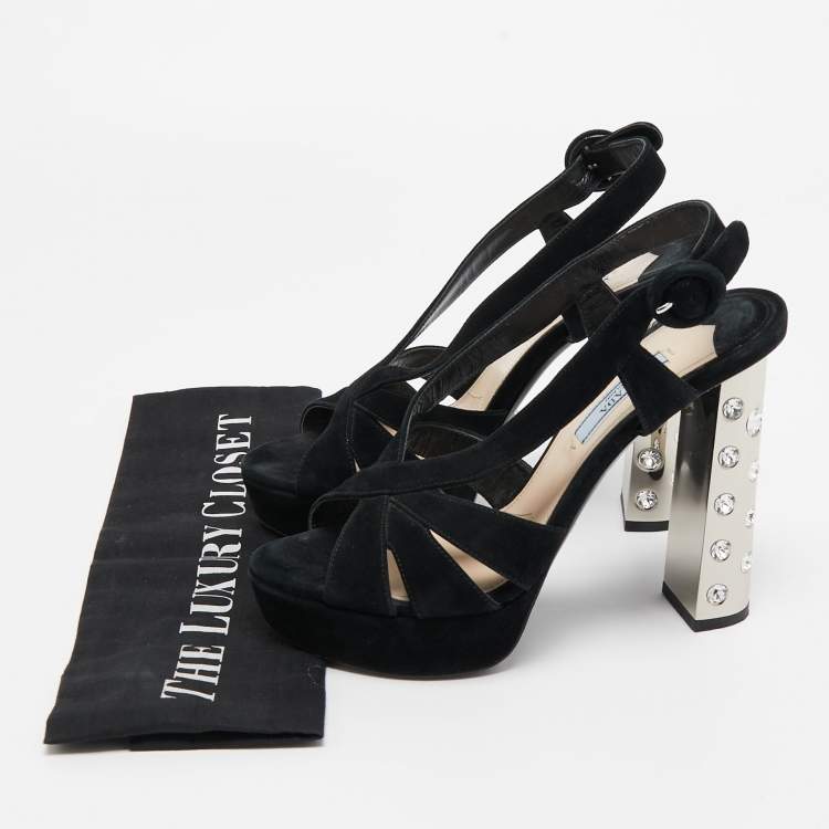 Pre Owned Prada Black Suede Crystal Embellished Heel Platform Slingback Sandals Size 37
