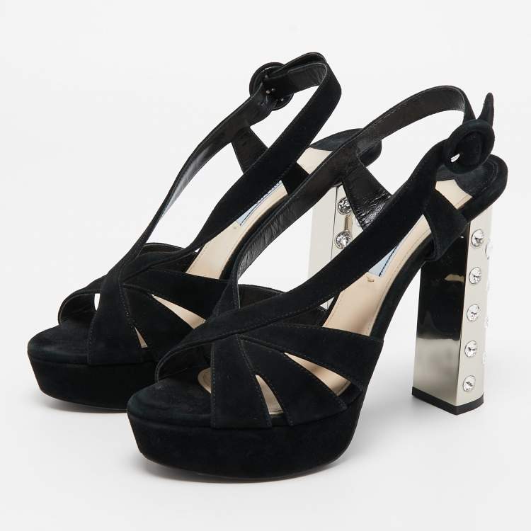 Pre Owned Prada Black Suede Crystal Embellished Heel Platform Slingback Sandals Size 37