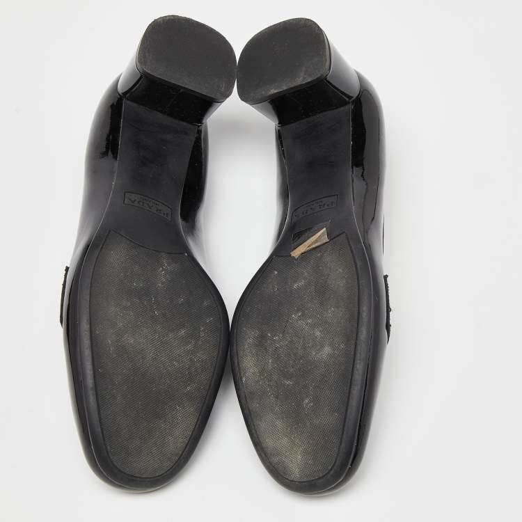 Pre Owned Prada Black Patent Leather Block Heel Loafer Pumps Size 37.5