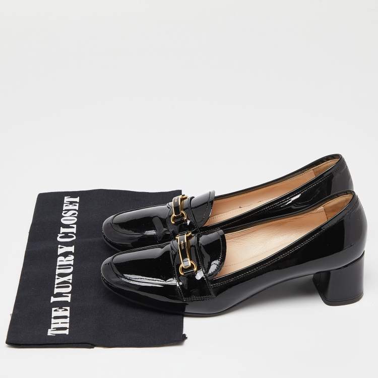 Pre Owned Prada Black Patent Leather Block Heel Loafer Pumps Size 37.5