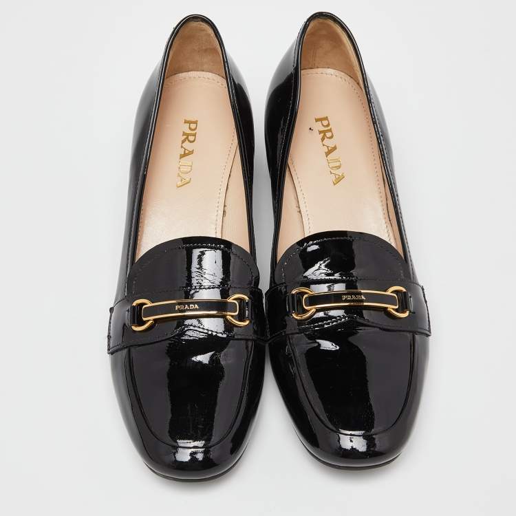Pre Owned Prada Black Patent Leather Block Heel Loafer Pumps Size 37.5