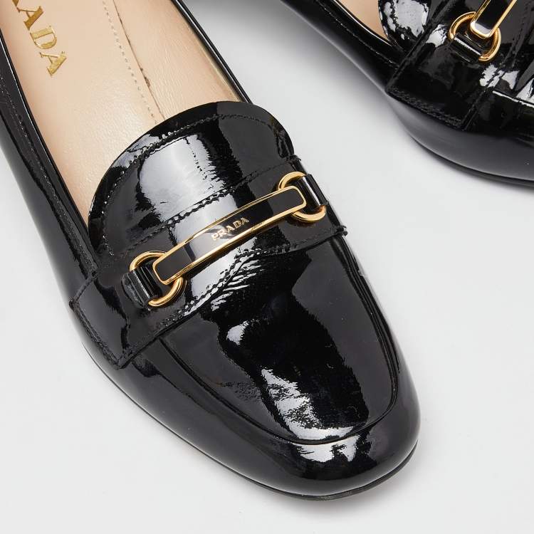 Pre Owned Prada Black Patent Leather Block Heel Loafer Pumps Size 37.5