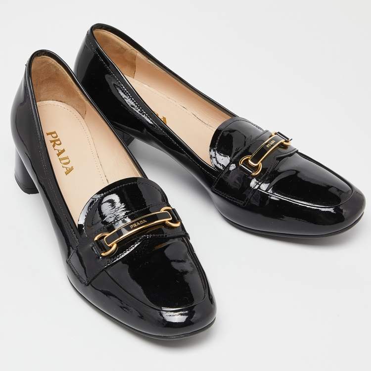 Pre Owned Prada Black Patent Leather Block Heel Loafer Pumps Size 37.5