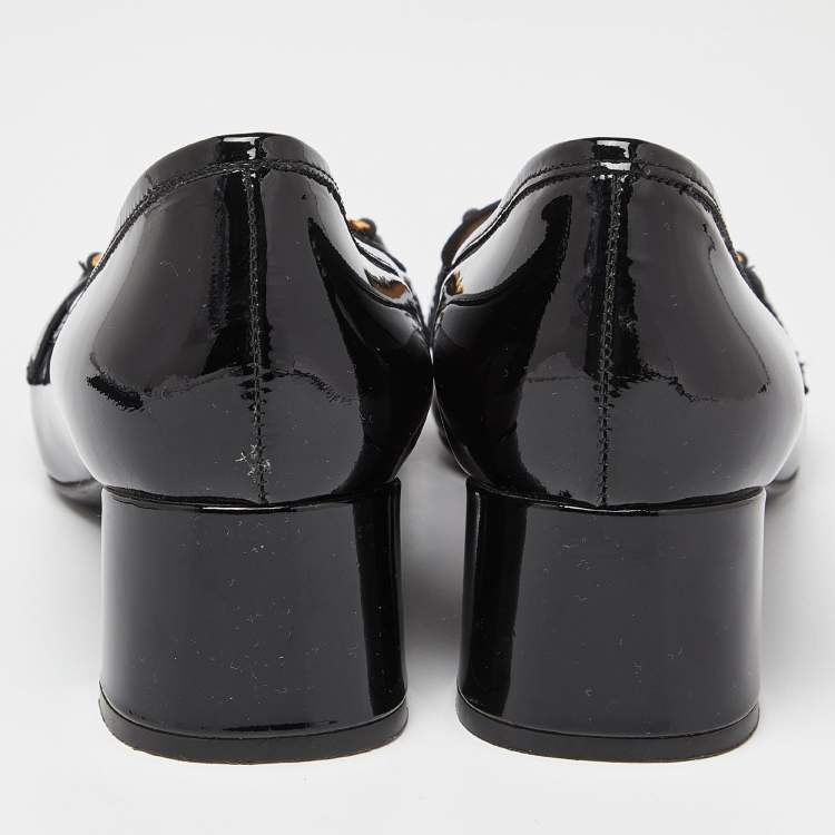Pre Owned Prada Black Patent Leather Block Heel Loafer Pumps Size 37.5
