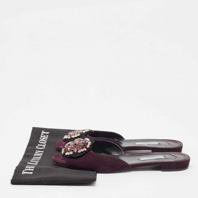 Pre Owned Prada Purple Suede Crystal Embellished Flat Slides Size 39.5