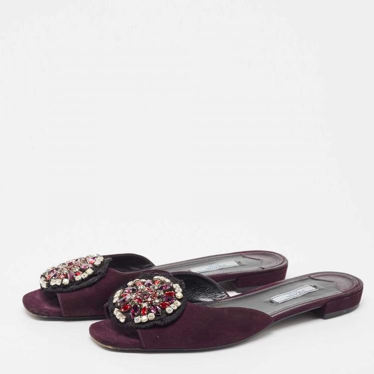 Pre Owned Prada Purple Suede Crystal Embellished Flat Slides Size 39.5