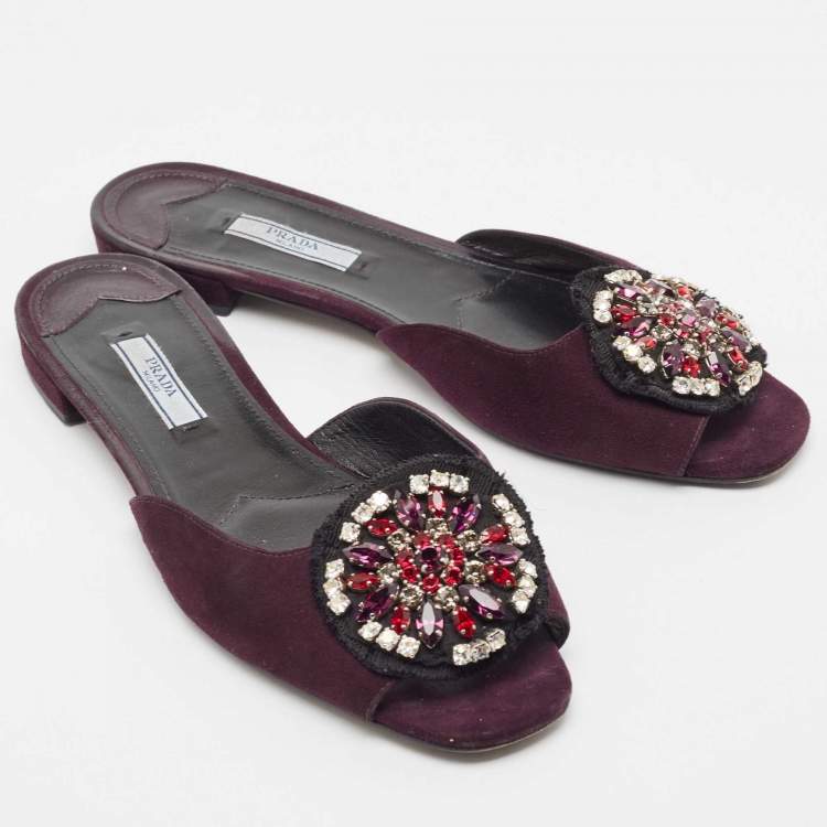 Pre Owned Prada Purple Suede Crystal Embellished Flat Slides Size 39.5