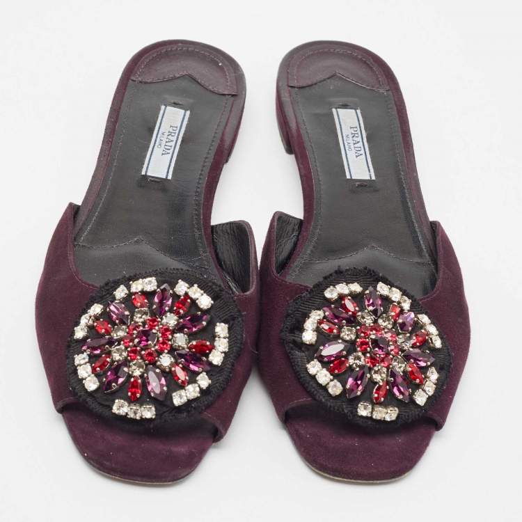 Pre Owned Prada Purple Suede Crystal Embellished Flat Slides Size 39.5