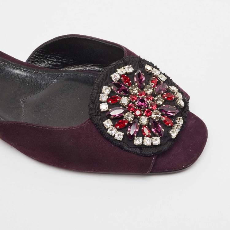 Pre Owned Prada Purple Suede Crystal Embellished Flat Slides Size 39.5