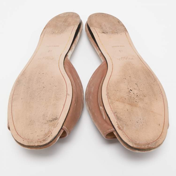 Pre Owned Prada Brown Velvet Crystal Embellished Flat Slides Size 40