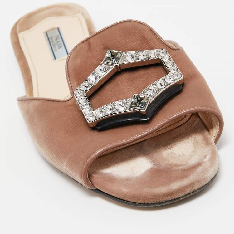 Pre Owned Prada Brown Velvet Crystal Embellished Flat Slides Size 40