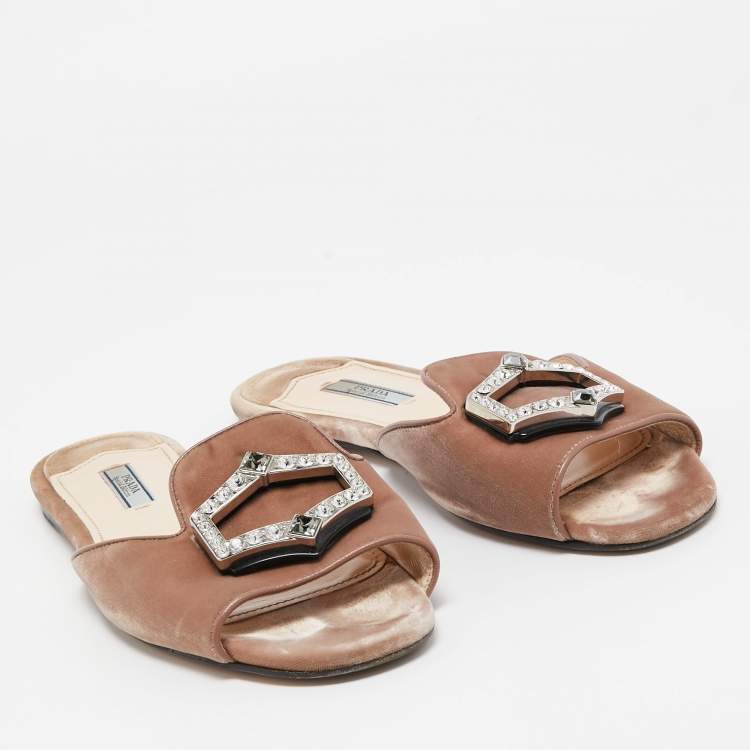 Pre Owned Prada Brown Velvet Crystal Embellished Flat Slides Size 40