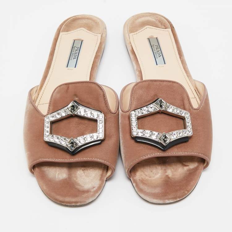 Pre Owned Prada Brown Velvet Crystal Embellished Flat Slides Size 40