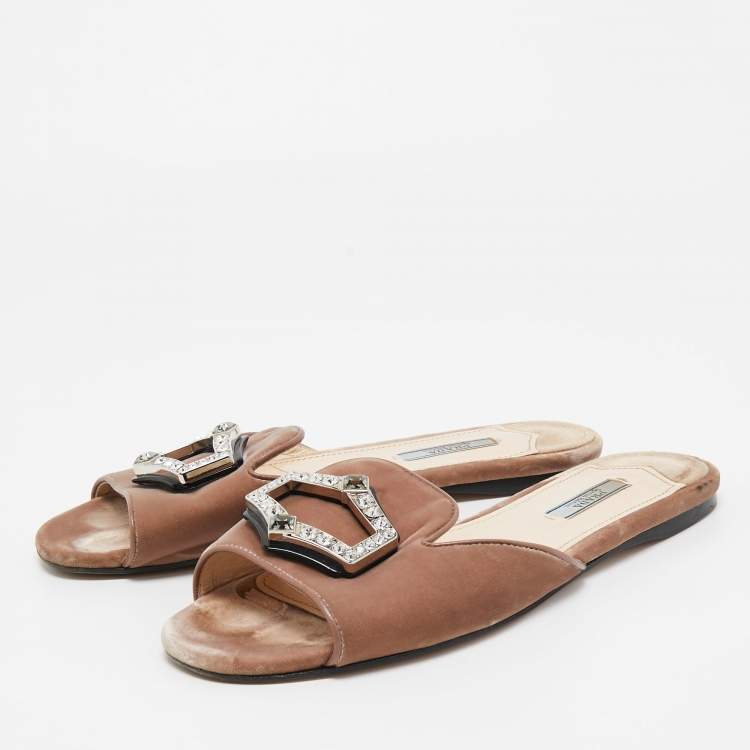 Pre Owned Prada Brown Velvet Crystal Embellished Flat Slides Size 40