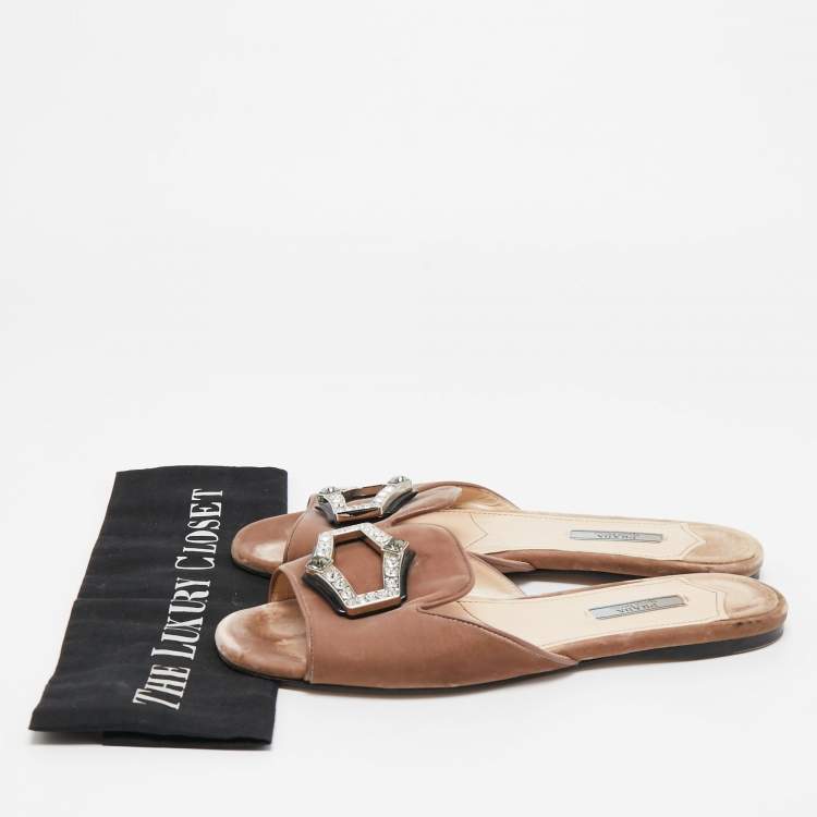 Pre Owned Prada Brown Velvet Crystal Embellished Flat Slides Size 40