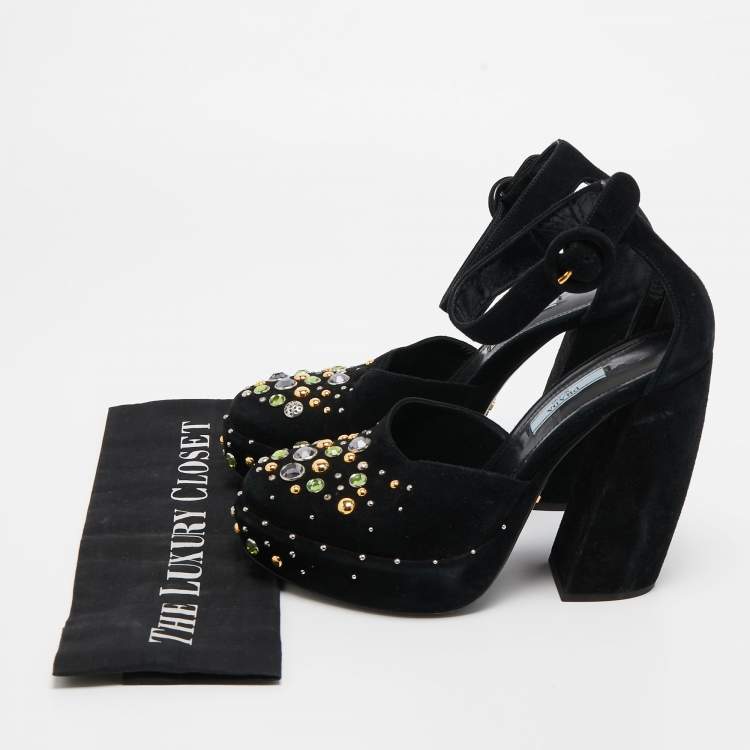 Pre Owned Prada Black Suede Crystal Embellished Ankle Strap Pumps Size 38.5