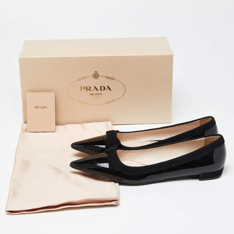 Pre Owned Prada Black Patent Leather Bow Pointed Toe Ballet Flats Size 37.5