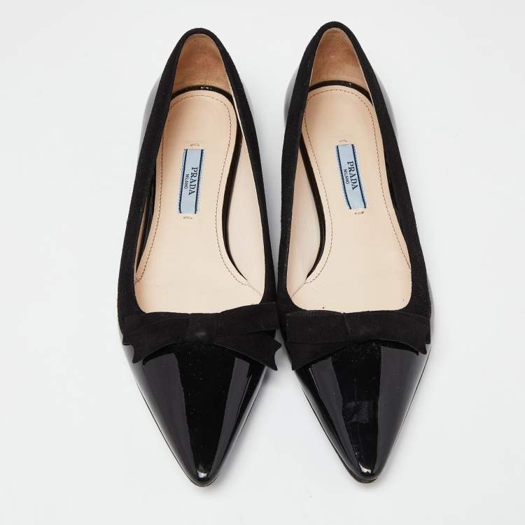 Pre Owned Prada Black Patent Leather Bow Pointed Toe Ballet Flats Size 37.5