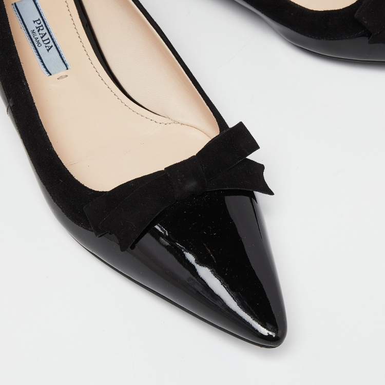 Pre Owned Prada Black Patent Leather Bow Pointed Toe Ballet Flats Size 37.5
