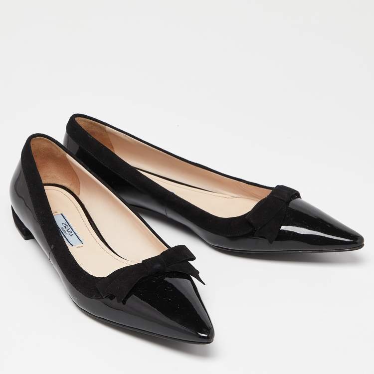 Pre Owned Prada Black Patent Leather Bow Pointed Toe Ballet Flats Size 37.5