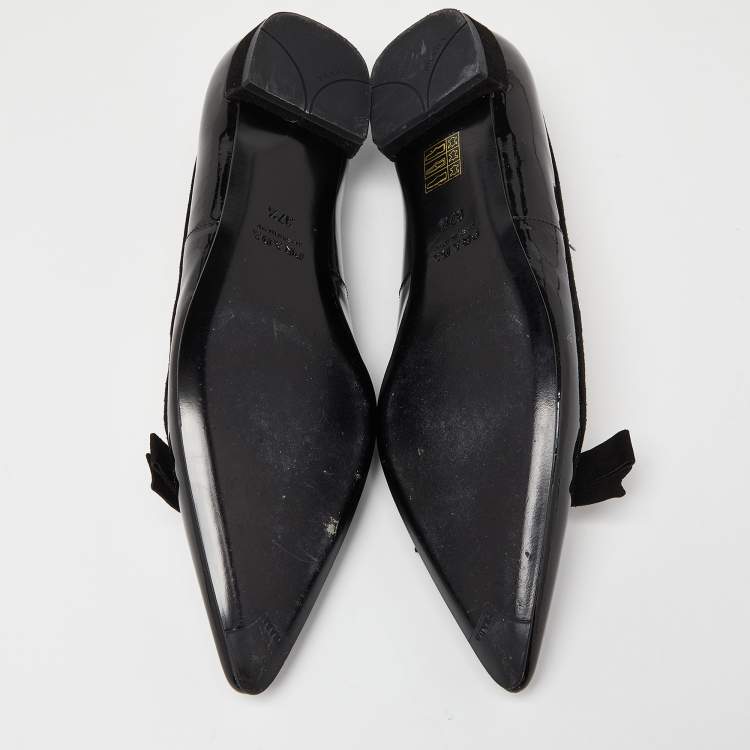 Pre Owned Prada Black Patent Leather Bow Pointed Toe Ballet Flats Size 37.5