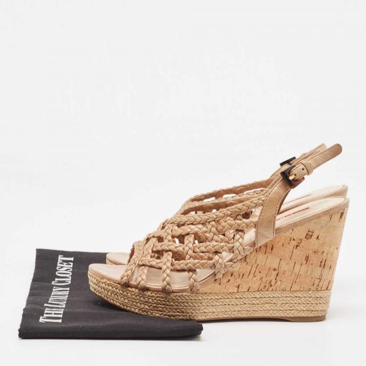 Pre Owned Prada Light Brown Braided Leather Cork Wedge Slingback Sandals Size 37.5