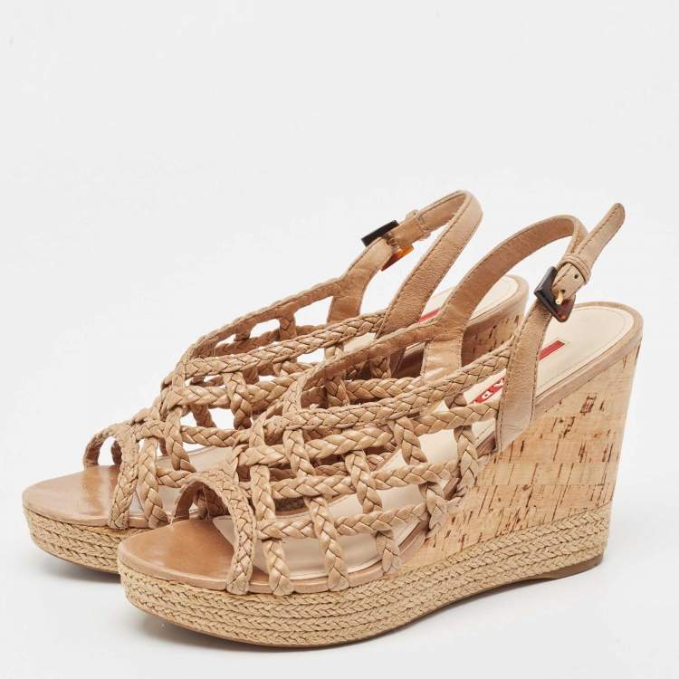 Pre Owned Prada Light Brown Braided Leather Cork Wedge Slingback Sandals Size 37.5