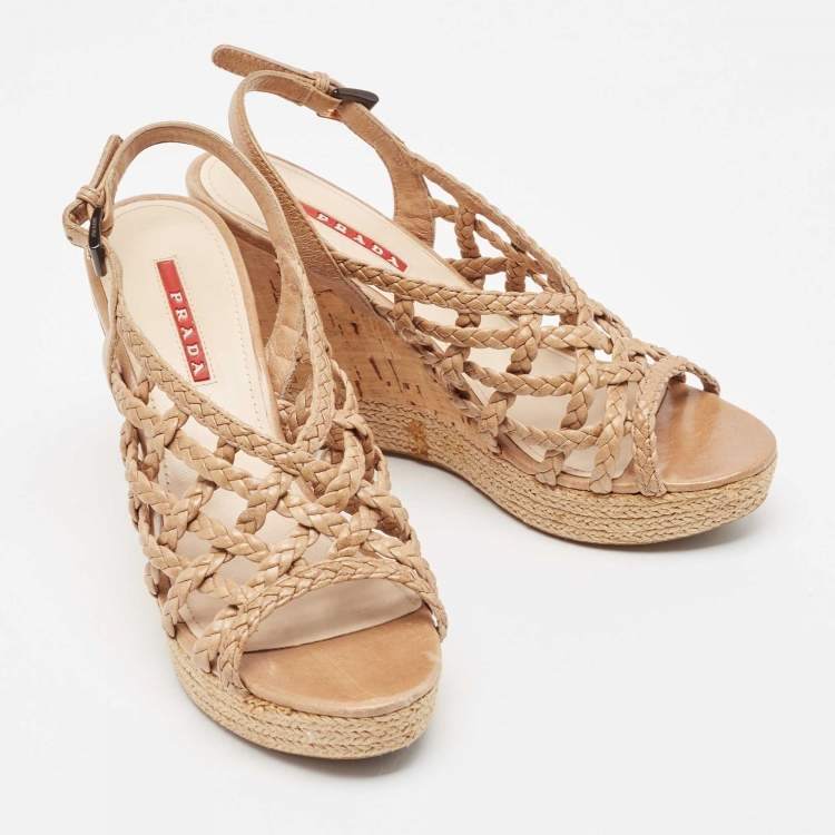 Pre Owned Prada Light Brown Braided Leather Cork Wedge Slingback Sandals Size 37.5