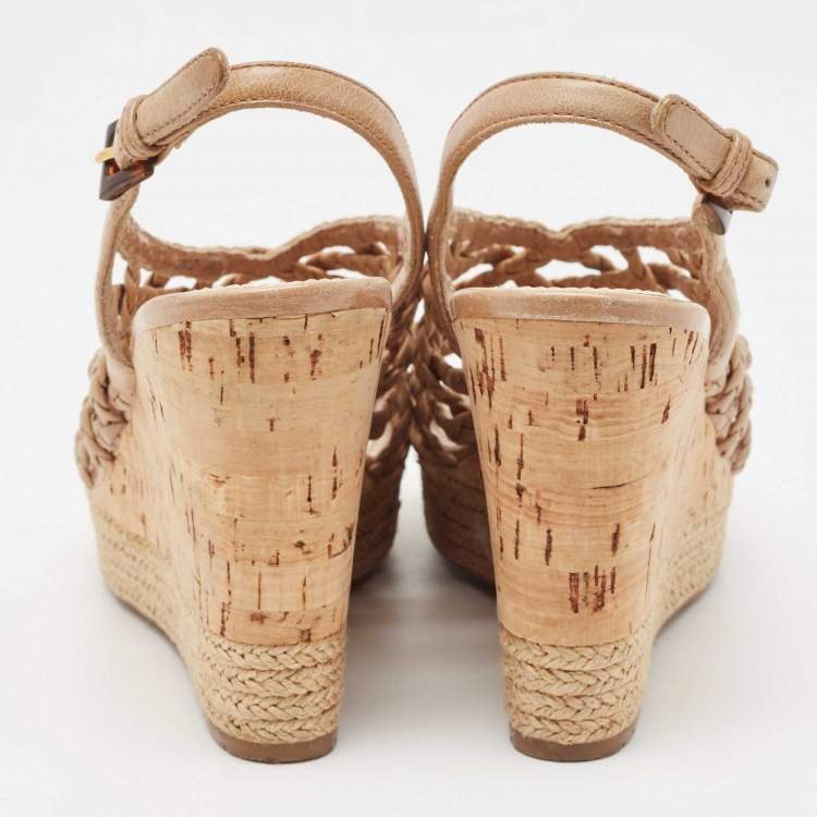 Pre Owned Prada Light Brown Braided Leather Cork Wedge Slingback Sandals Size 37.5