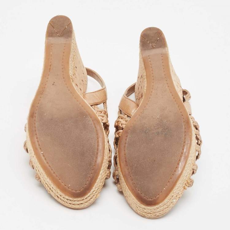 Pre Owned Prada Light Brown Braided Leather Cork Wedge Slingback Sandals Size 37.5