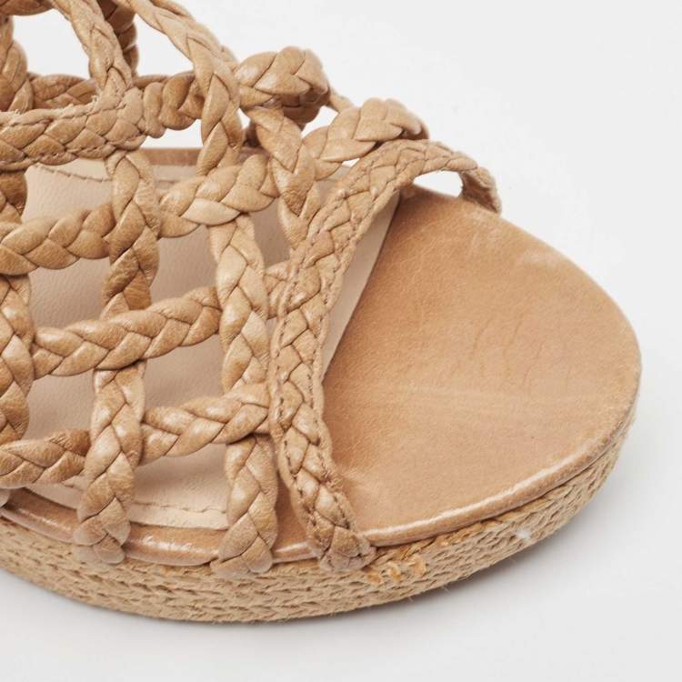 Pre Owned Prada Light Brown Braided Leather Cork Wedge Slingback Sandals Size 37.5