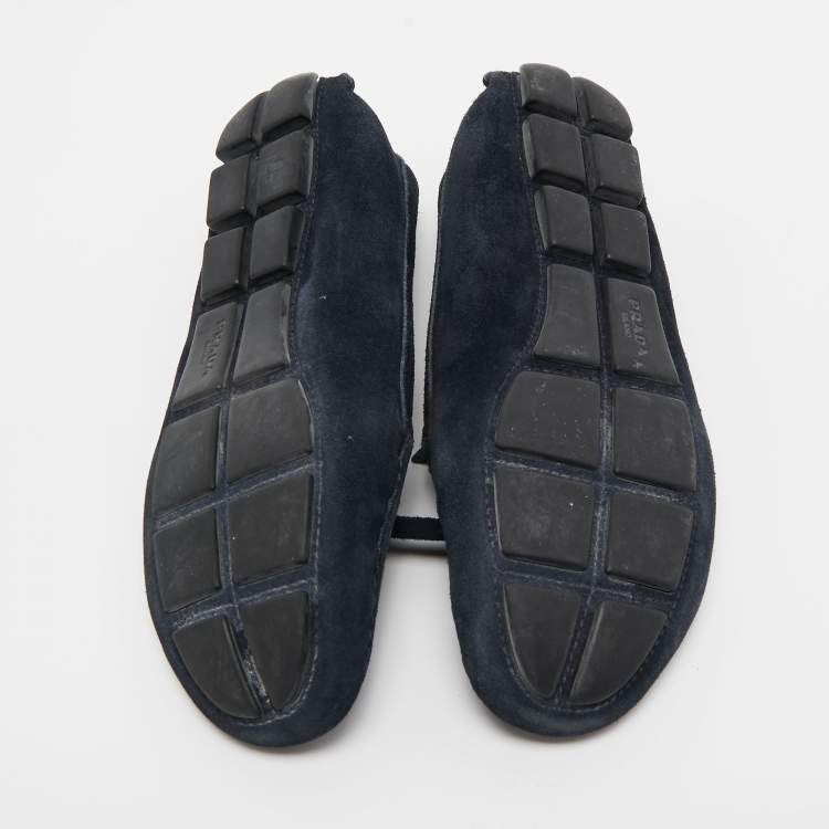 Pre Owned Prada Dark Blue Suede Bow Slip On Loafers Size 35.5