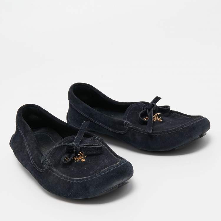 Pre Owned Prada Dark Blue Suede Bow Slip On Loafers Size 35.5