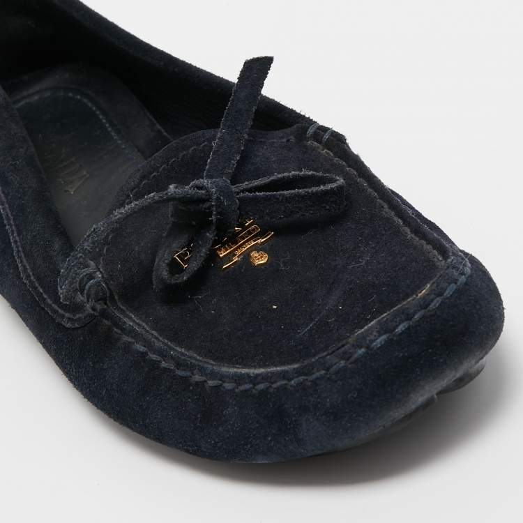 Pre Owned Prada Dark Blue Suede Bow Slip On Loafers Size 35.5