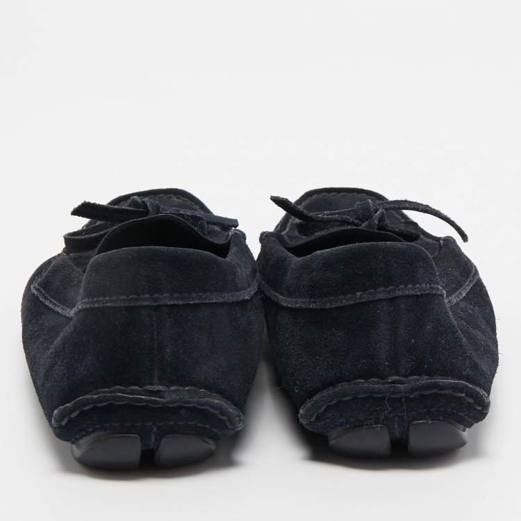 Pre Owned Prada Dark Blue Suede Bow Slip On Loafers Size 35.5