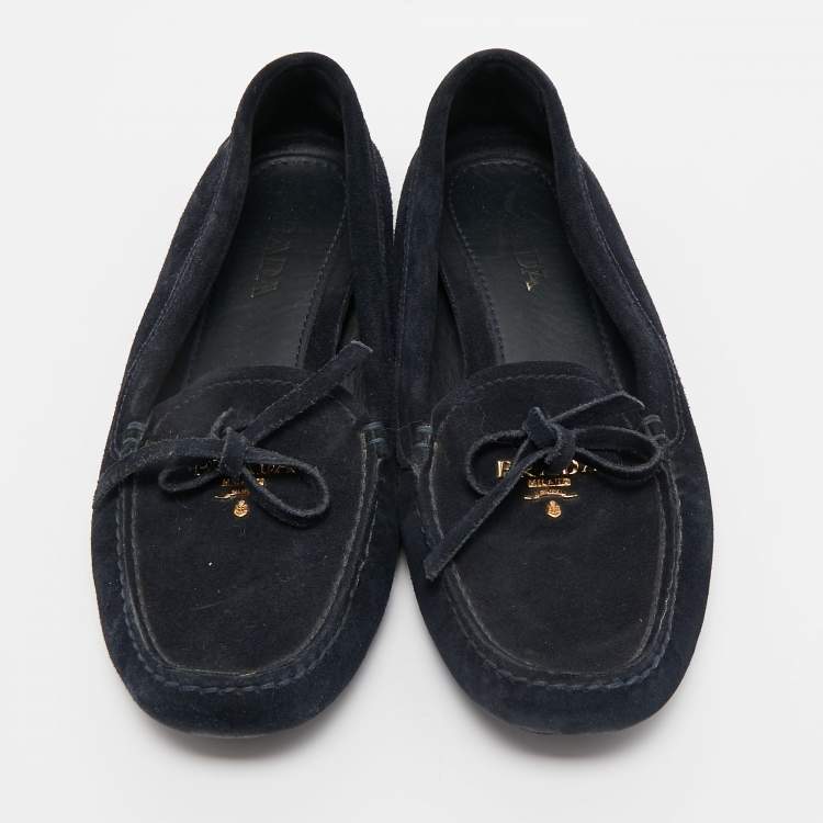 Pre Owned Prada Dark Blue Suede Bow Slip On Loafers Size 35.5