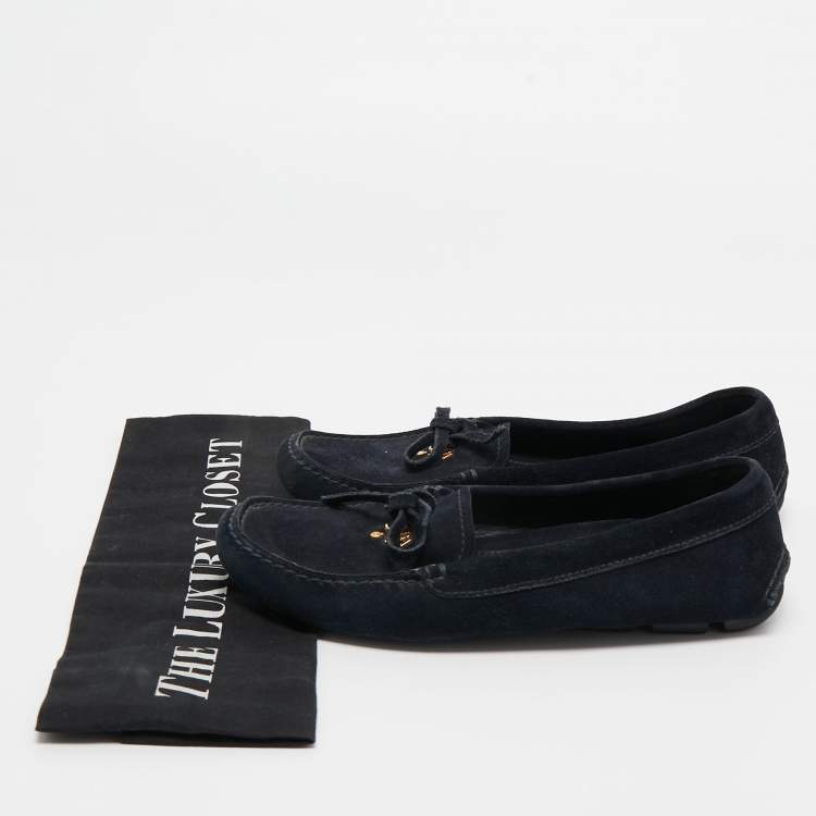 Pre Owned Prada Dark Blue Suede Bow Slip On Loafers Size 35.5